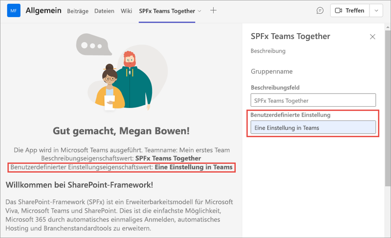 Screenshot: SPFx-Lösung in Microsoft Teams – Aktualisieren der benutzerdefinierten Einstellung für das SPFx-Webpart