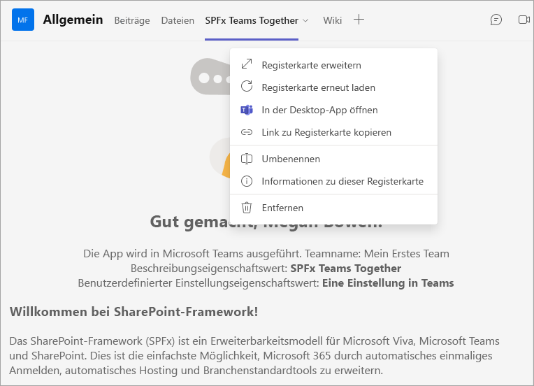 Screenshot: SPFx-Lösung in Microsoft Teams – fehlendes Kontextmenüelement „Einstellungen“