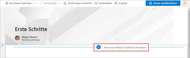 Screenshot des Hinzufügens eines Webparts zu einer modernen SharePoint-Seite.