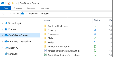 Wenn OneDrive-Dateien mit dem Gerät eines Benutzers synchronisiert werden, kann darauf im Datei-Explorer unter „OneDrive – [Ihr Unternehmen]“ zugegriffen werden.