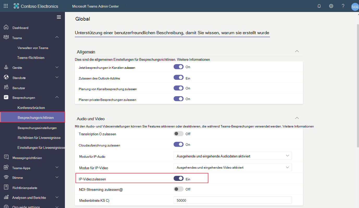 Screenshot, der die Besprechungsrichtlinien im Microsoft Teams Admin Center zum Zulassen von IP-Video zeigt.