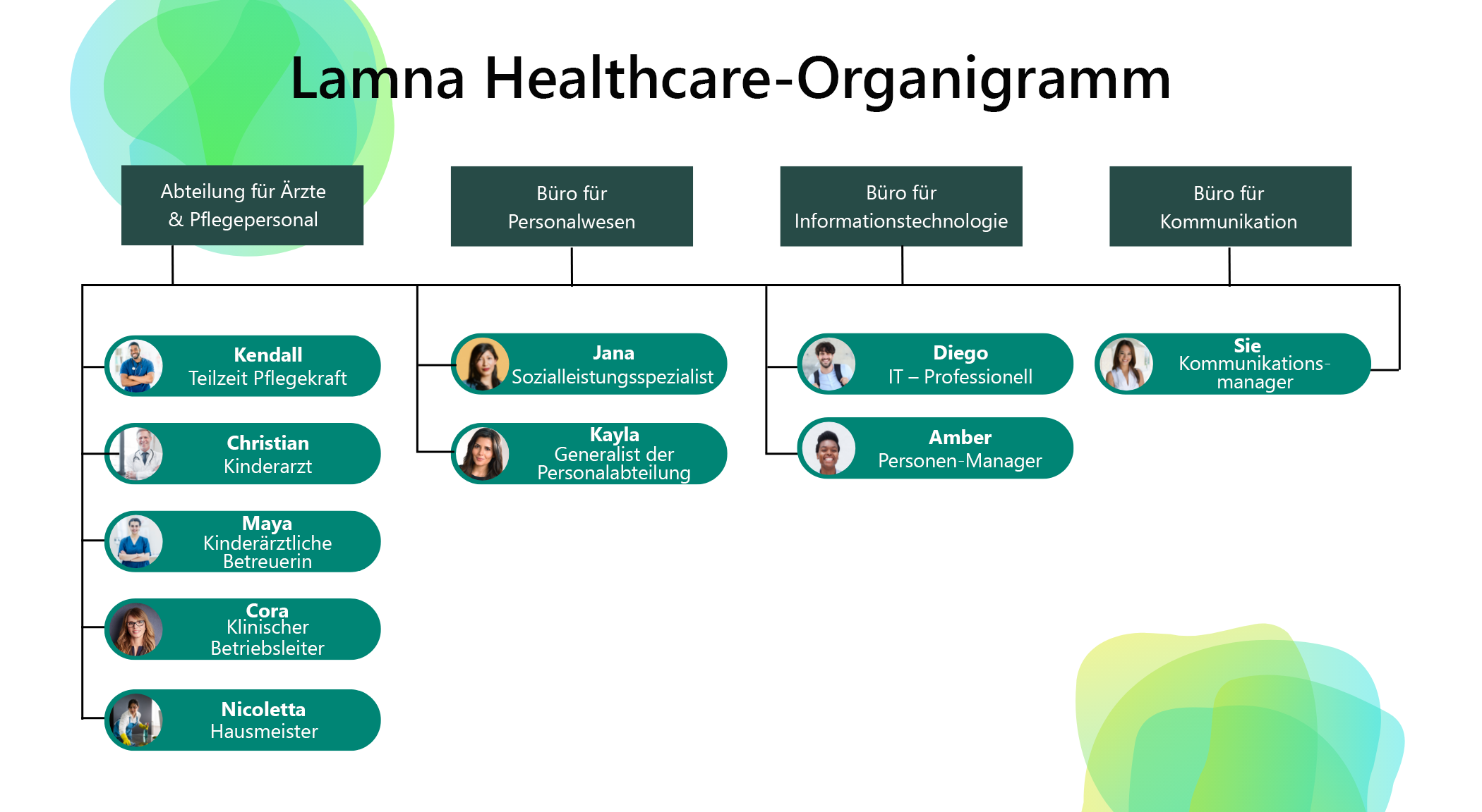 Diagramm, das eine vereinfachte Organisationsstruktur von Lamna Healthcare zeigt.