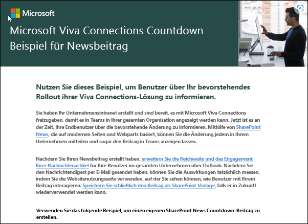 Screenshot des Beispiels für Microsoft Viva Connections Countdown-Newsbeitrag.