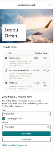 Screenshot der benutzerdefinierten Urlaubskarte.