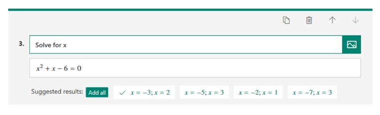 Screenshot der vorgeschlagenen Antworten in Microsoft Forms für die Formel: x quadrat plus x minus 6 gleich 0.