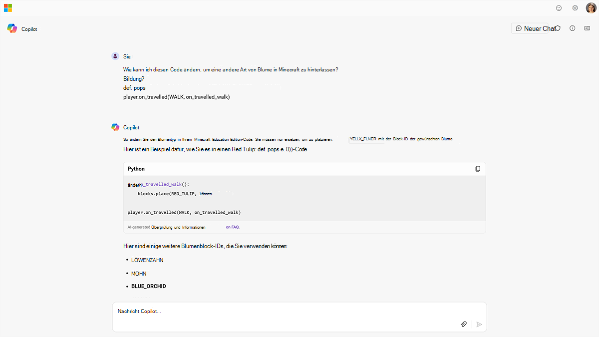 Screenshot einer Eingabeaufforderung, die Copilot nach Minecraft Education-Code fragt. Wählen Sie den folgenden Link für barrierefreie PDF-Version aus.
