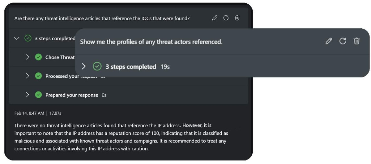 Screenshot of a Microsoft Security Copilot prompt and response about profiles of referenced threat actors.