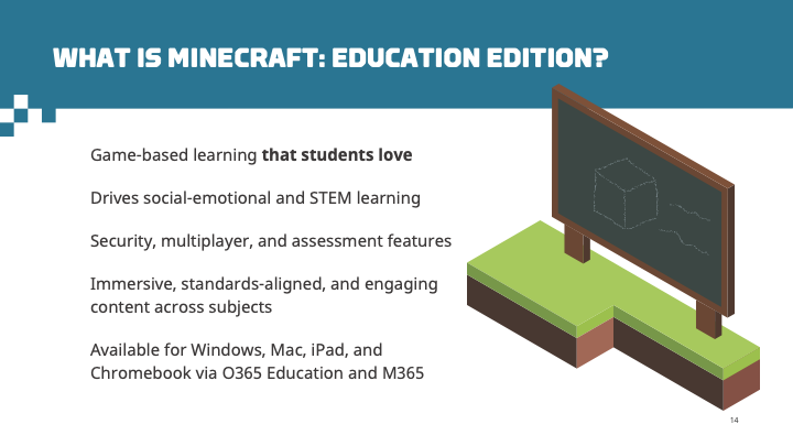 Abbildung, die Minecraft Education als definiert: Spielebasiertes Lernen, das die Schüler lieben, fördert sozial-emotionales und MINT-Lernen, Sicherheits-, Multiplayer- und Bewertungsfeatures, immersive, auf Standards ausgerichtete und ansprechende Inhalte in allen Fächern, verfügbar für Windows, Mac, iPad und Chromebook über Office 365 Education und Microsoft 365.