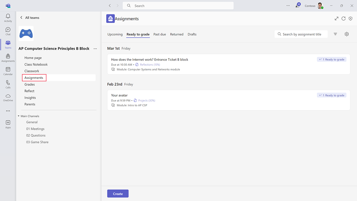Screenshot showing the location of the Assignments app within a class team in Microsoft Teams for Education.