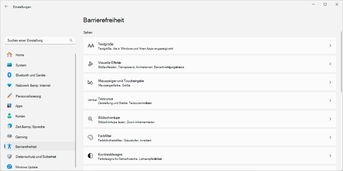 Screenshot der Einstellungen für Windows 11 Barrierefreiheit.