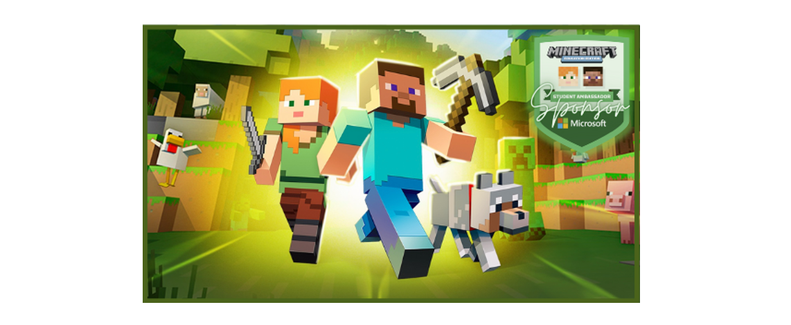 Illustration of Minecraft characters with the Minecraft Student Ambassador Sponsor trophy.