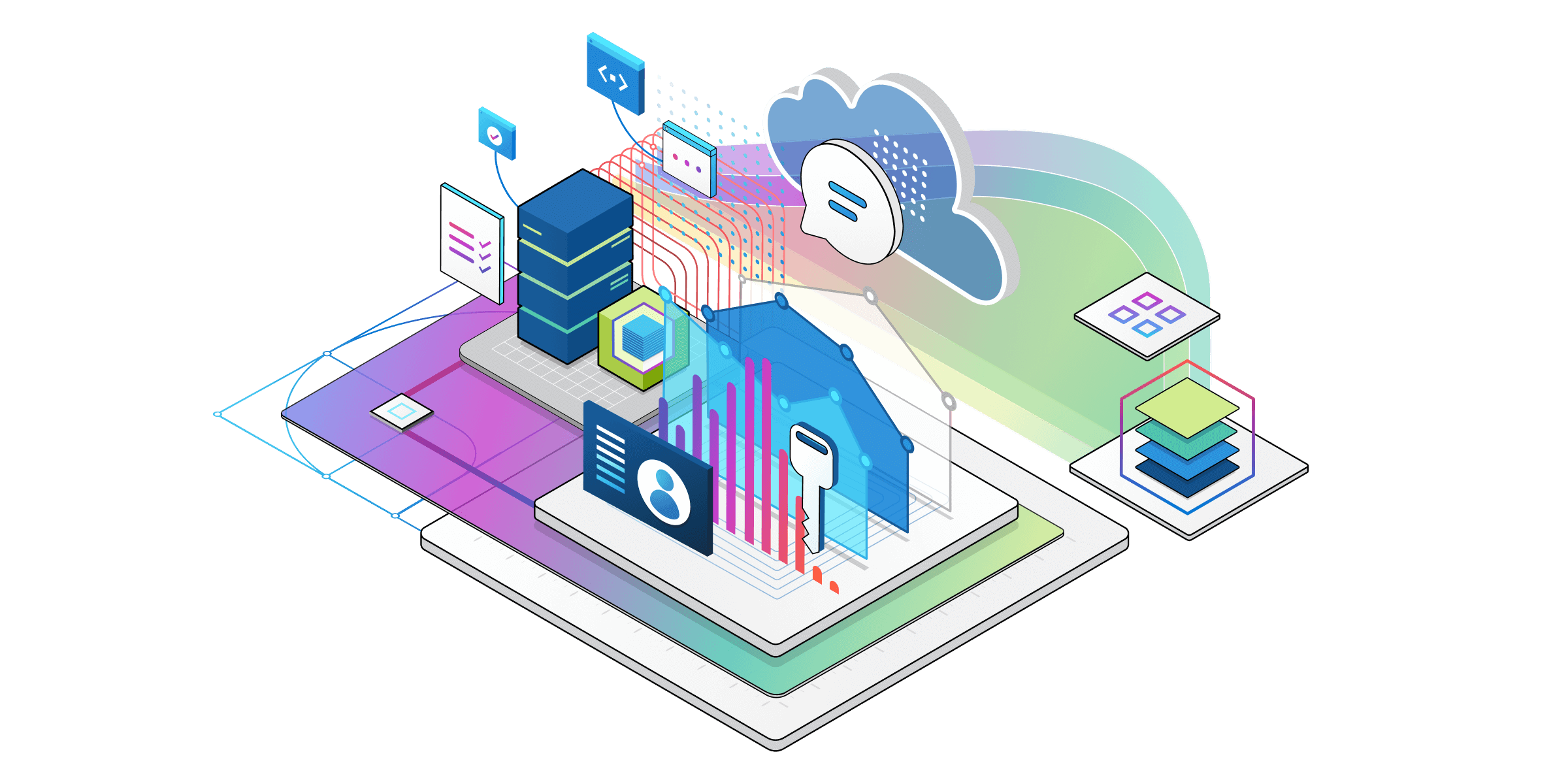 Eine isometrische Illustration technischer Komponenten für Azure-Dienste. Cloud, Server, Schlüssel und Browserfenster.