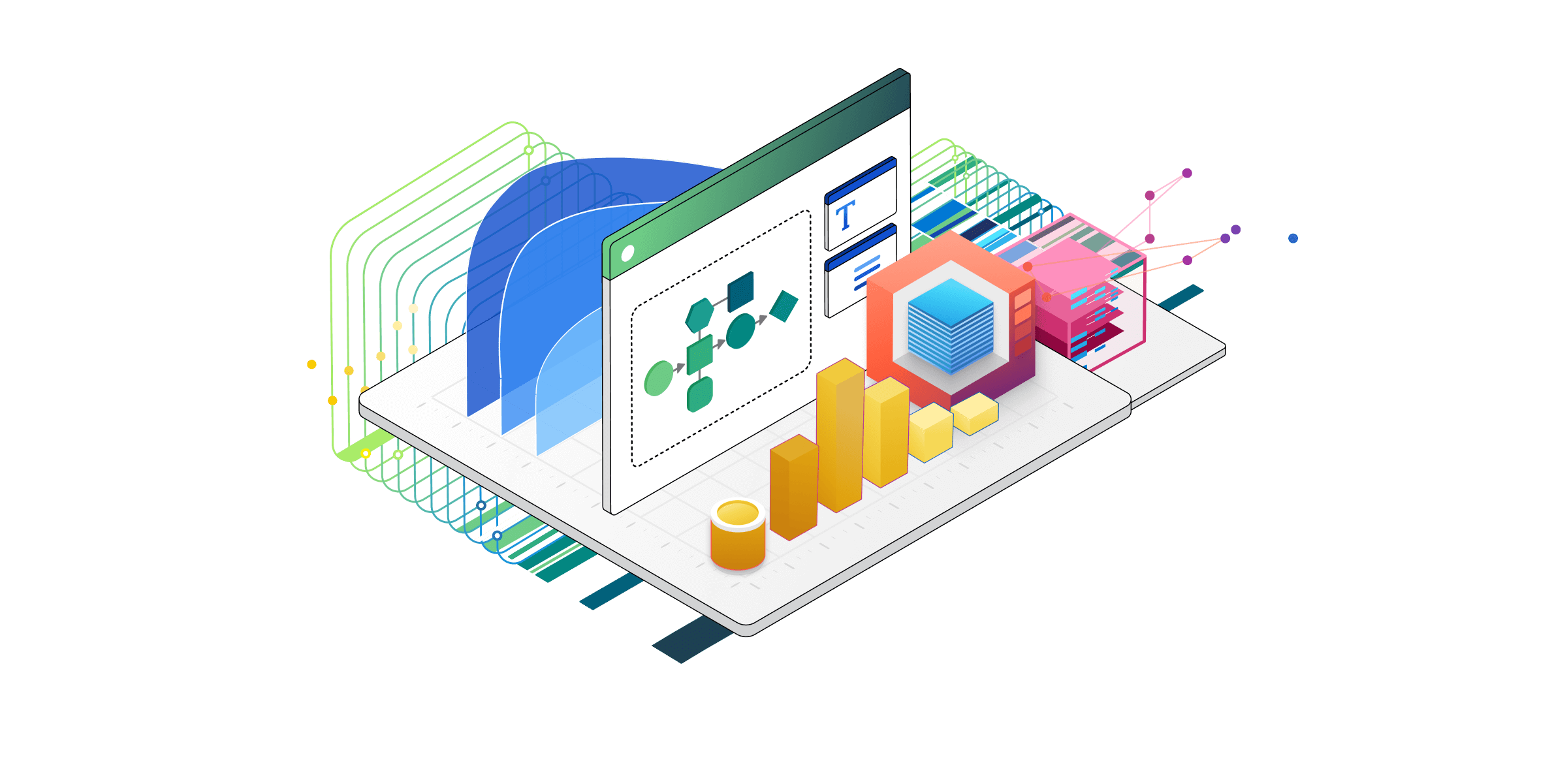 Eine isometrische Illustration technischer Komponenten für Power Platform-Dienste.