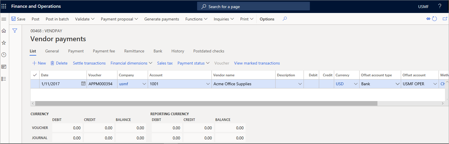 Screenshot der Seite „Kreditorenzahlungen“ in Dynamics 365 Finance