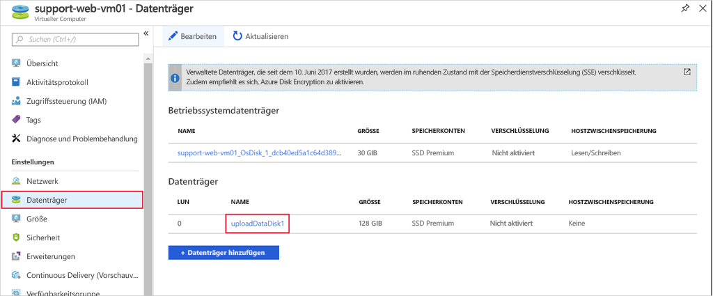 Screenshot showing the disks section of a VM with the VHD we want to edit highlighted.