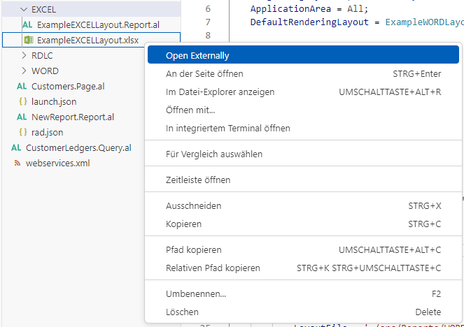 Screenshot mit dem Rechtsklick auf die Datei „ExampleEXCELLayout.xlsx“, um die Optionen anzuzeigen, wobei „Extern öffnen“ ausgewählt ist