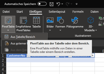 Screenshot von Excel mit erweiterter PivotTable-Schaltfläche zur Anzeige der Option „Von Tabelle/Bereich“