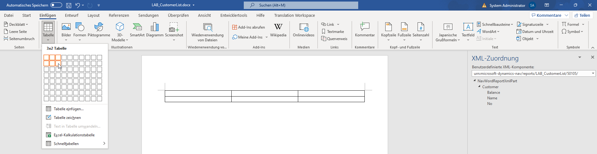 Screenshot der Auswahl „Tabellenzeilen und Spaltenauswahl einfügen“