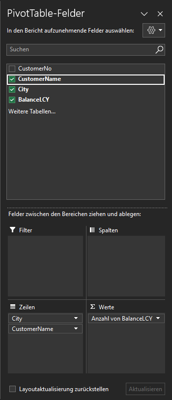 Screenshot des Bereichs PivotTable-Feld mit ausgewählten Feldern CustomerName, City und BalanceLCY