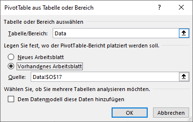 Screenshot von PivotTable aus dem Tabellen‑ oder Bereichsdialog mit ausgewähltem vorhandenem Arbeitsblatt