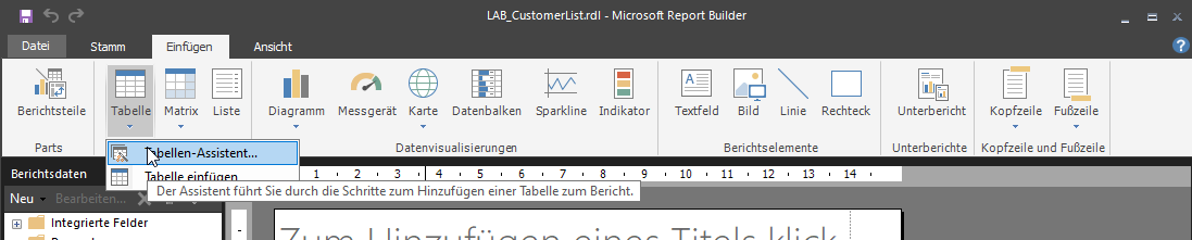Screenshot des Menüelements „Tabellenassistent“