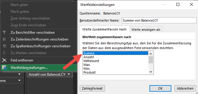 Screenshot der Einstellungen für das Feld Wert von für Anzahl von BalanceLCY, wobei die Option „Wertfeld zusammenfassen nach“ in „Summe“ geändert wurde.