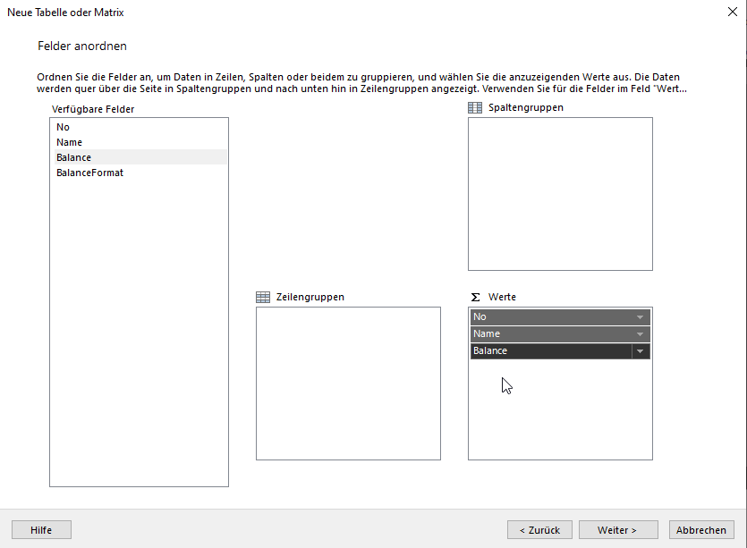 Screenshot des Abschnitts „Neue Tabellen‑ oder Matrixfensterwerte“