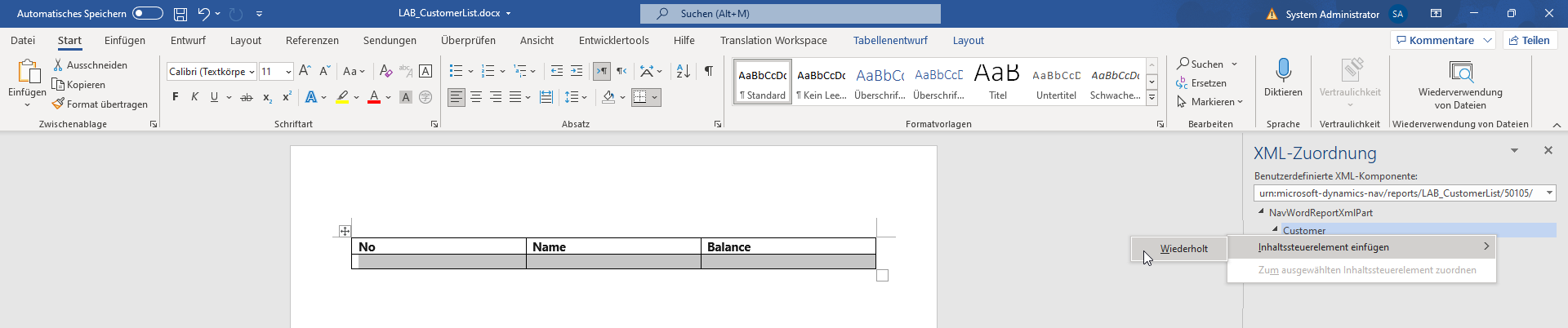 Screenshot mit Details zum XML-Zuordnungsbereich