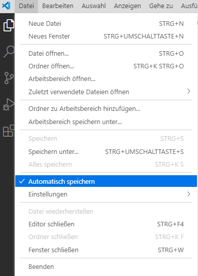 Screenshot der Option „Automatisch speichern“ unter „Datei“