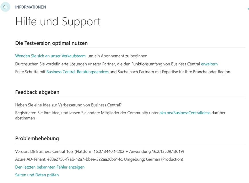 Screenshot der Informationen zur Problembehandlung