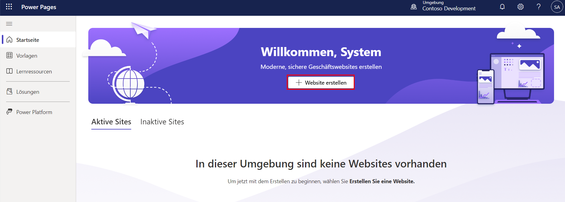 Screenshot der Power Pages-Homepage mit der Option zum Erstellen einer Website