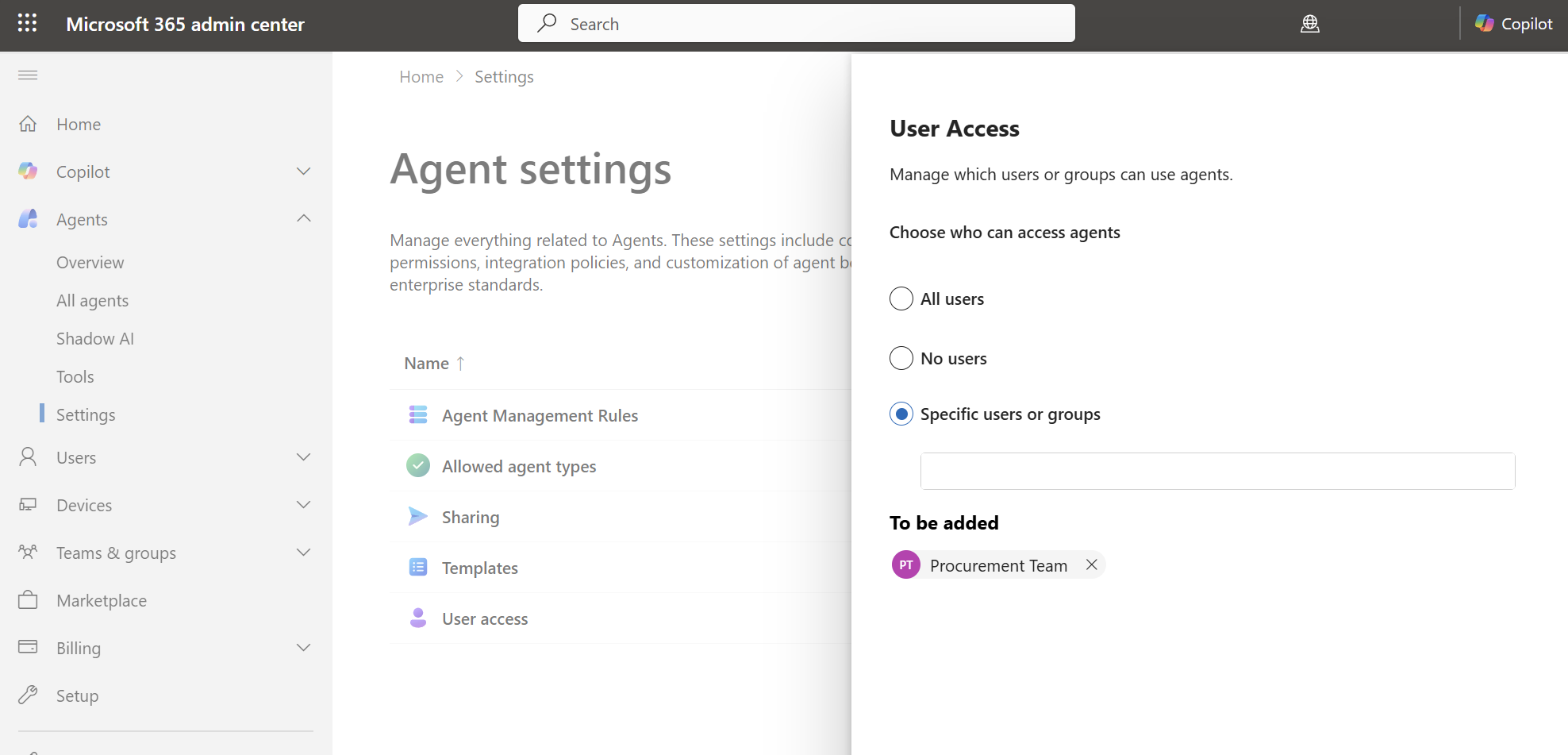 Screenshot of the User access page with settings applied.