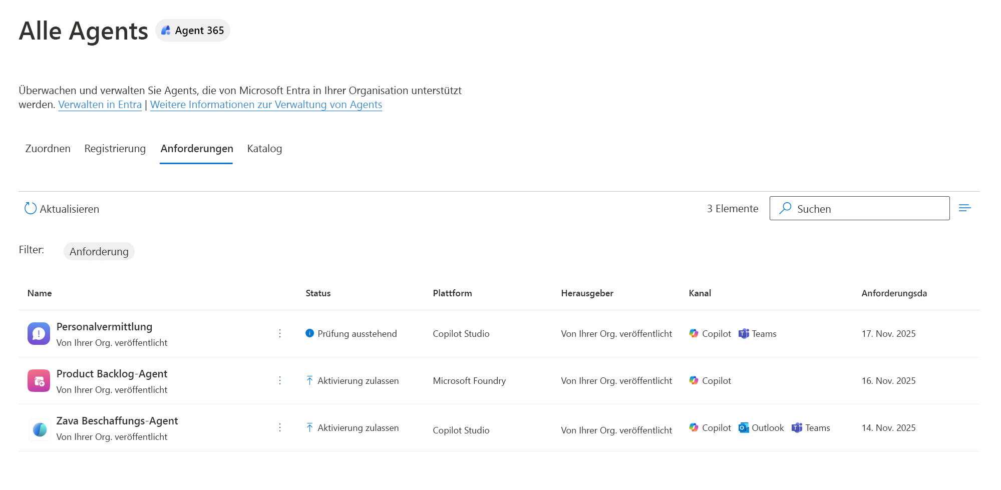 Screenshot of the Requests tab in the Agent Registry showing pending agent requests.