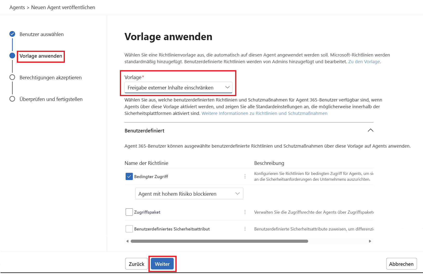 Screenshot of Restrict External Content Sharing policy template at the time of publishing the agent.