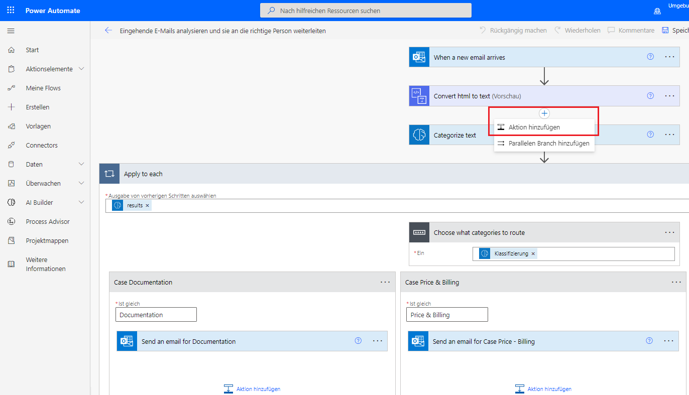 Screenshot des ausgewählten Flows in Power Automate Studio mit Hervorhebung der Option „Aktion hinzufügen“