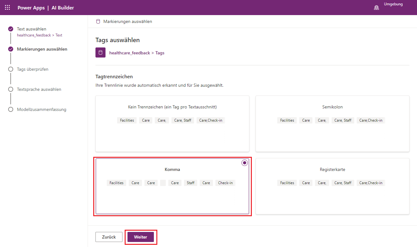 Screenshot des Kategorieklassifizierungsmodells in Power Apps Studio mit einer Präsentation verschiedener Trennzeichenoptionen und den Ergebnissen mit Hervorhebung der Option für Komma