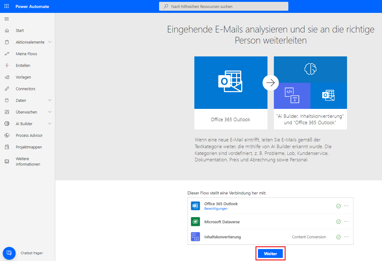 Screenshot der Zusammenfassung für die ausgewählte Vorlage in Power Automate Studio mit einer Liste von Konnektoren und einer Hervorhebung der Option „Weiter“