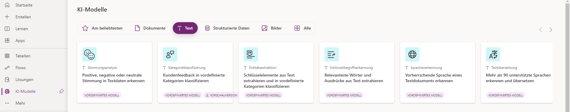 Screenshot von Power Apps Studio mit Modellkachel „Kategorieklassifizierung“ und AI Builder-Navigationsmenü