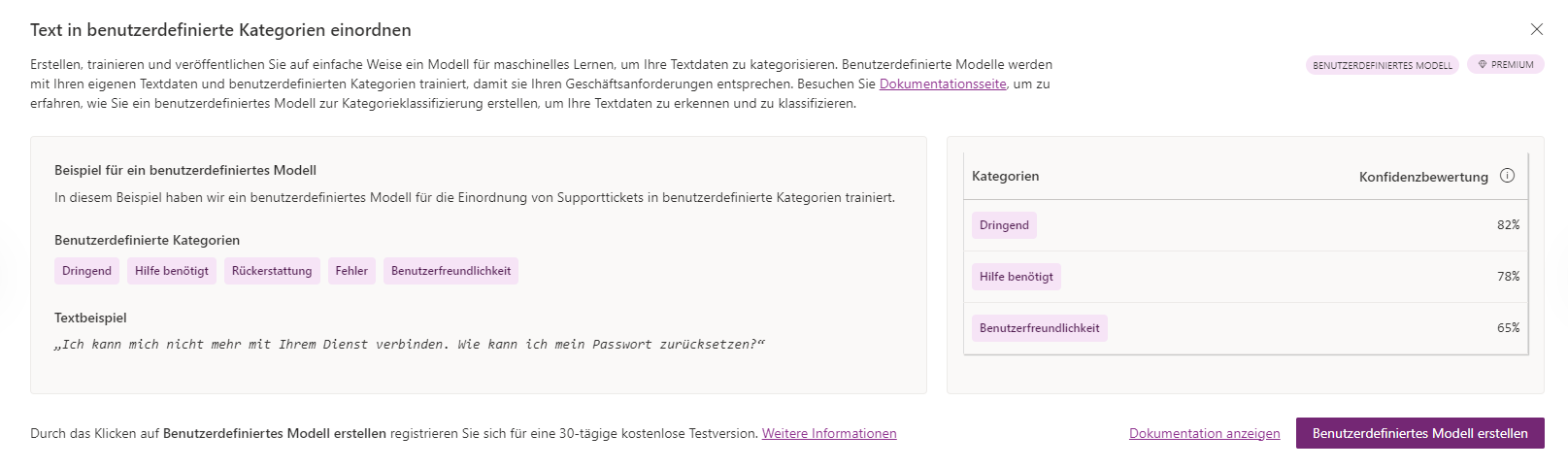 Screenshot der Präsentation des Klassifizierungstextmodells mit Hervorhebung der Option „Los geht's“