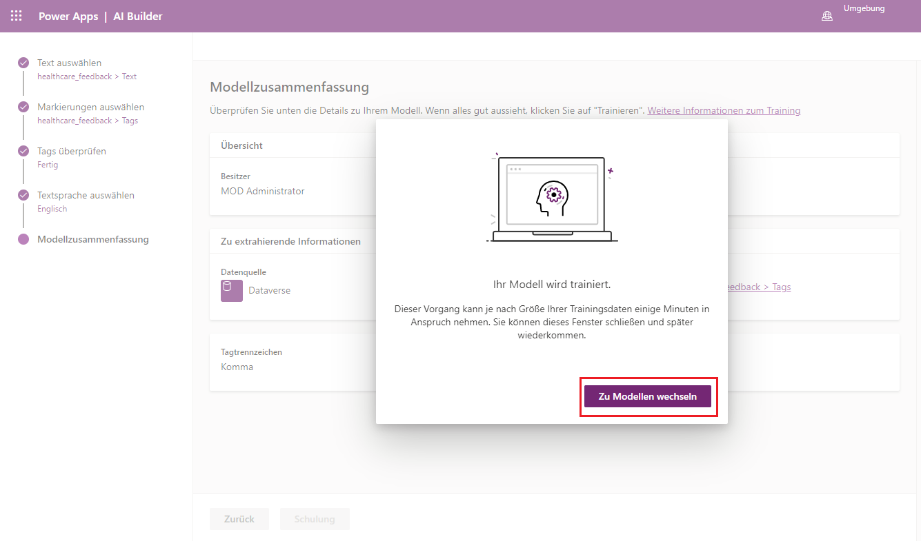 Screenshot des Kategorieklassifizierungsmodells in Power Apps Studio mit einem Popupfenster, das anzeigt, dass das Modell trainiert wird, und Hervorhebung der Option „Zu Modellen wechseln“