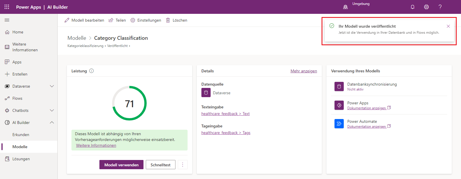 Screenshot des Kategorieklassifizierungsmodells in Power Apps Studio mit Leistungskennzahl und einer Hervorhebung in der Benachrichtigung, die anzeigt, dass das Modell veröffentlicht ist.