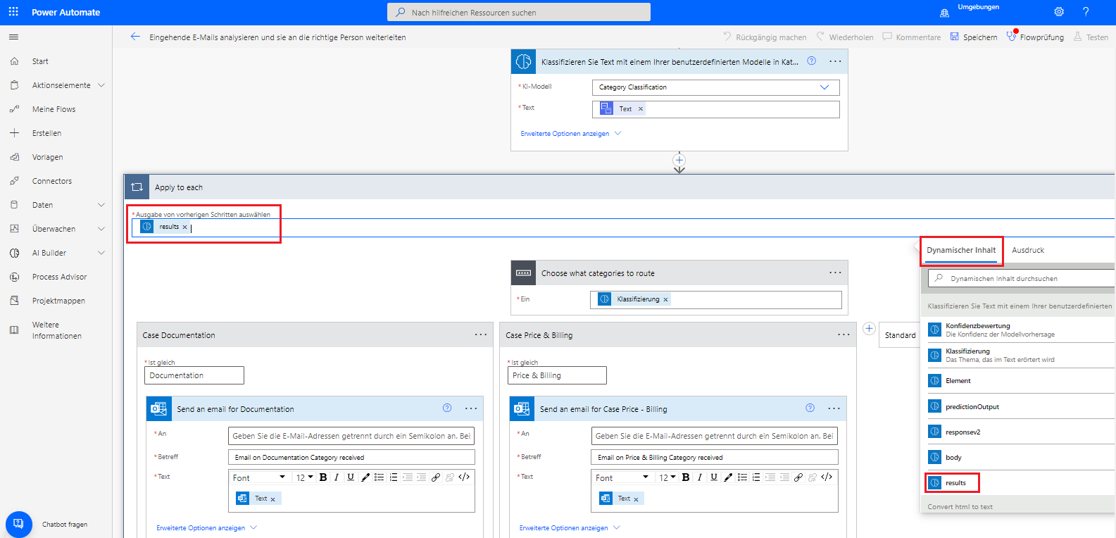 Screenshot des ausgewählten Flows in Power Automate Studio mit Hervorhebung von „Für alle übernehmen“ und dem Popupfenster für die dynamische Inhaltsauswahl, in der Ergebnisse ausgewählt werden