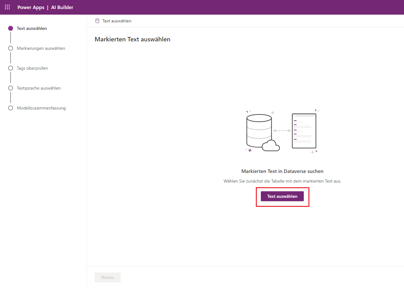 Screenshot des Kategorieklassifizierungsmodells in Power Apps Studio mit Hervorhebung der Option „Text auswählen“