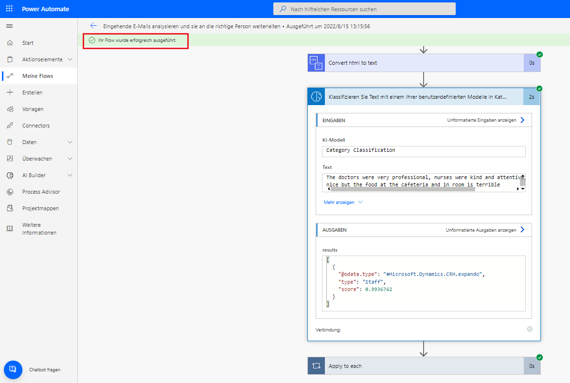 Screenshot des ausgewählten Flows in Power Automate Studio mit Hervorhebung der Benachrichtigung „Ihr Flow wurde erfolgreich ausgeführt“