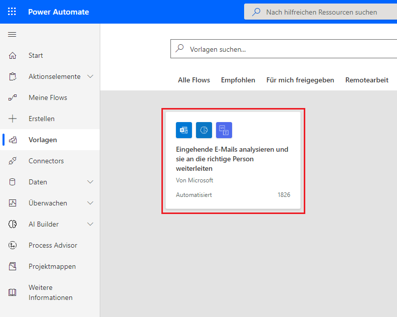 Screenshot der verfügbaren Vorlagen in Power Automate Studio mit hervorgehobener Kachel „Eingehende E-Mails analysieren und sie an die richtige Person weiterleiten“