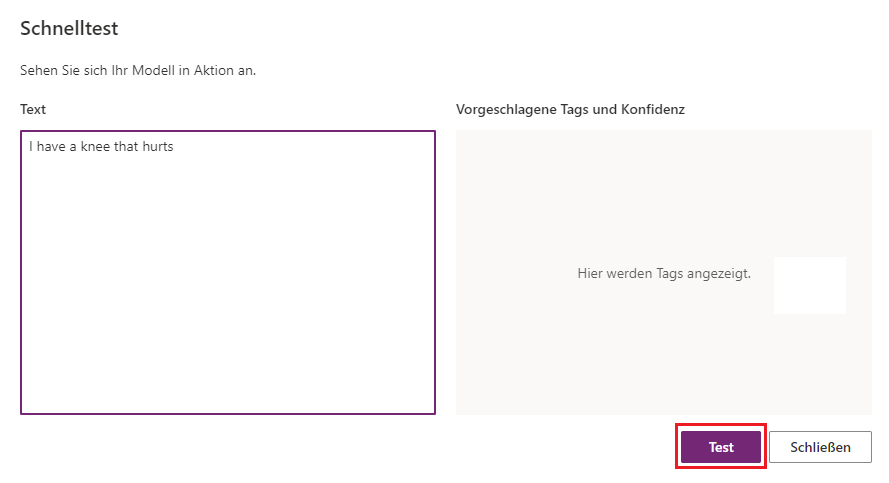 Screenshot des Popupfensters „Schnelltest“ mit folgendem Text: „Mein Knie schmerzt“. Die Testoption ist hervorgehoben.