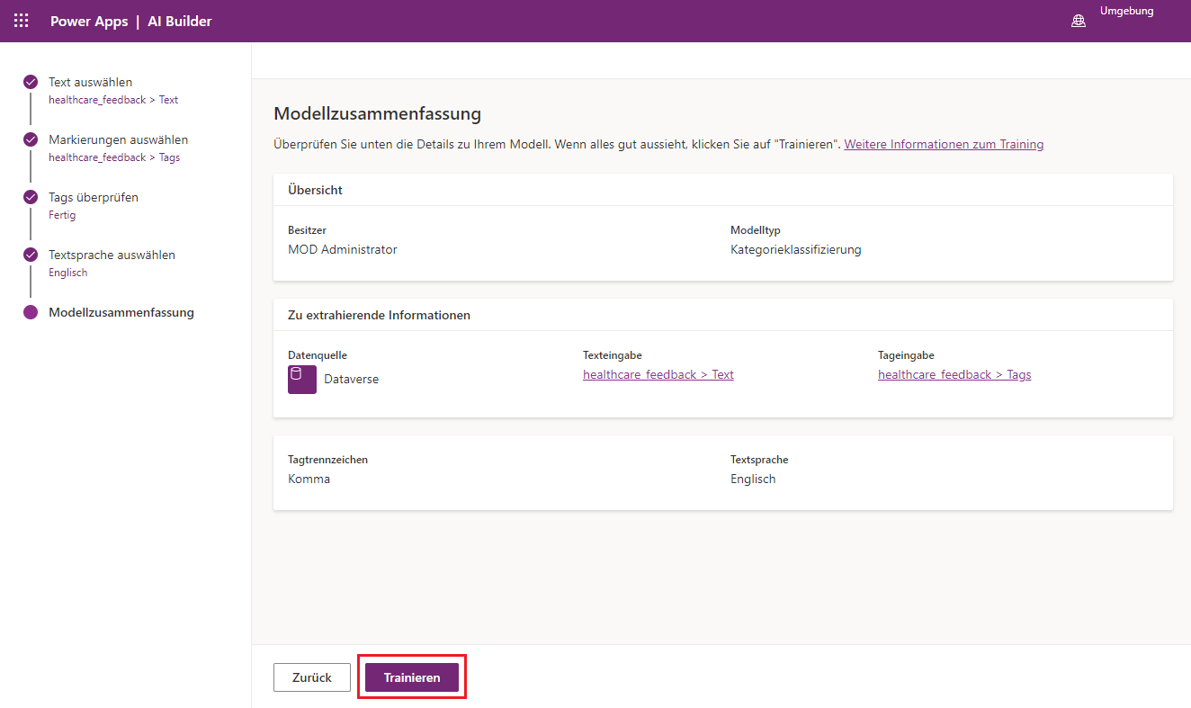 Screenshot des Kategorieklassifizierungsmodells in Power Apps Studio mit Modellzusammenfassungsinformationen und Hervorhebung von „Weiter“