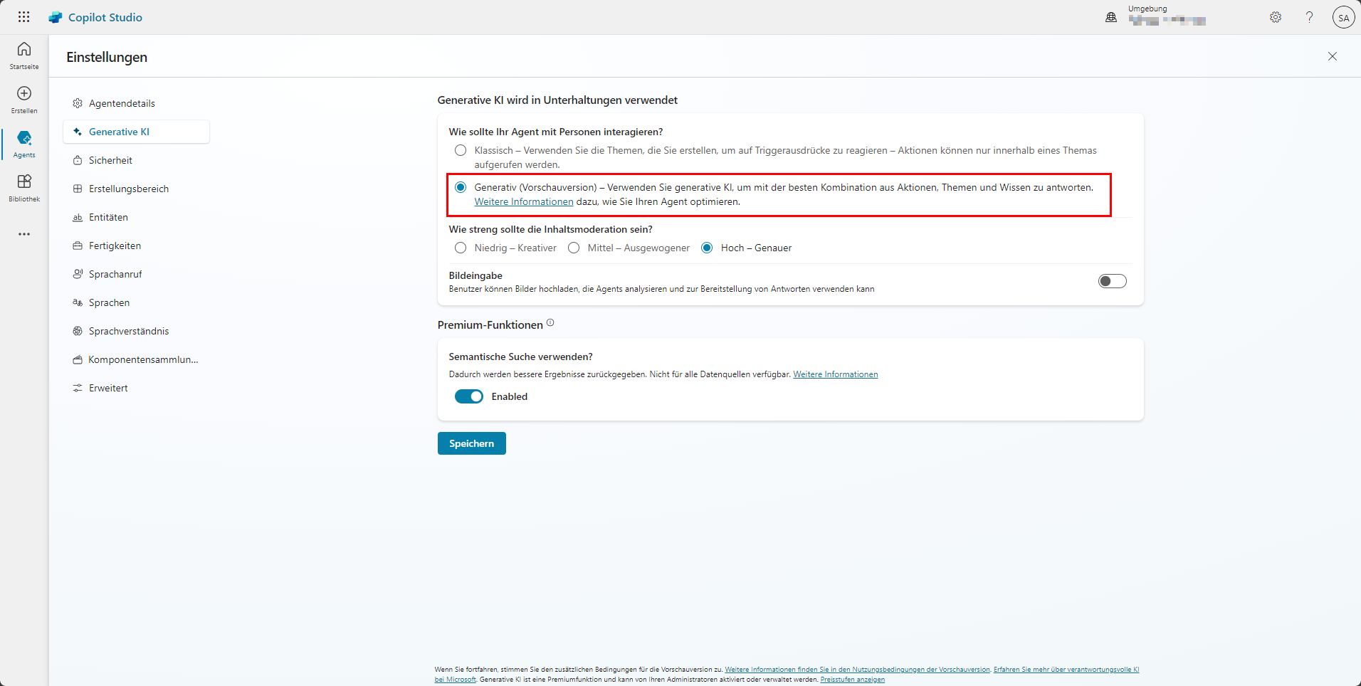 Screenshot von Copilot Studio auf dem Einstellungsbildschirm mit hervorgehobener generativer Vorschau