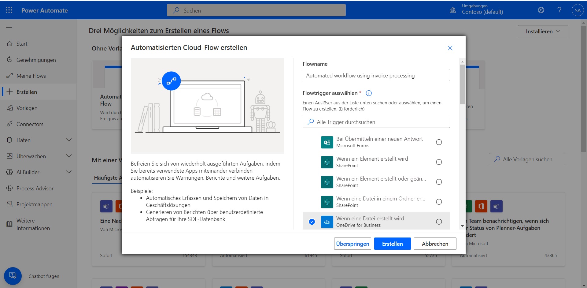 Erstellen Sie einen automatisierten Flowdialog mit „Wenn eine Datei erstellt wird“ (OneDrive for Business), ausgewählt für den Trigger des Flows.