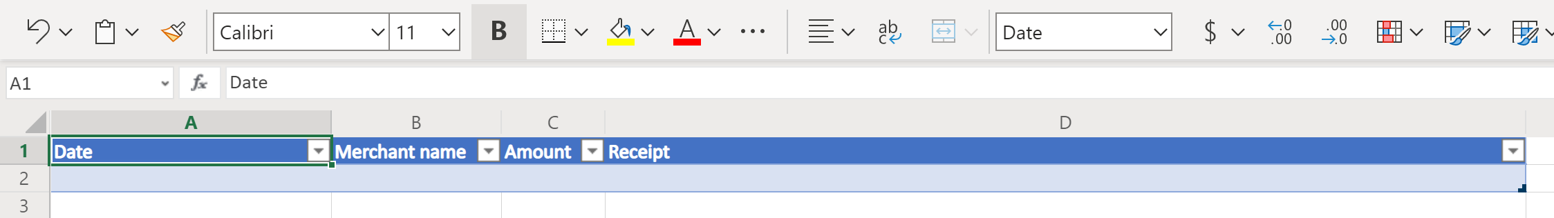 Excel-Tabellenüberschriften „Datum“, „Händlername“, „Betrag“ und „Beleg“